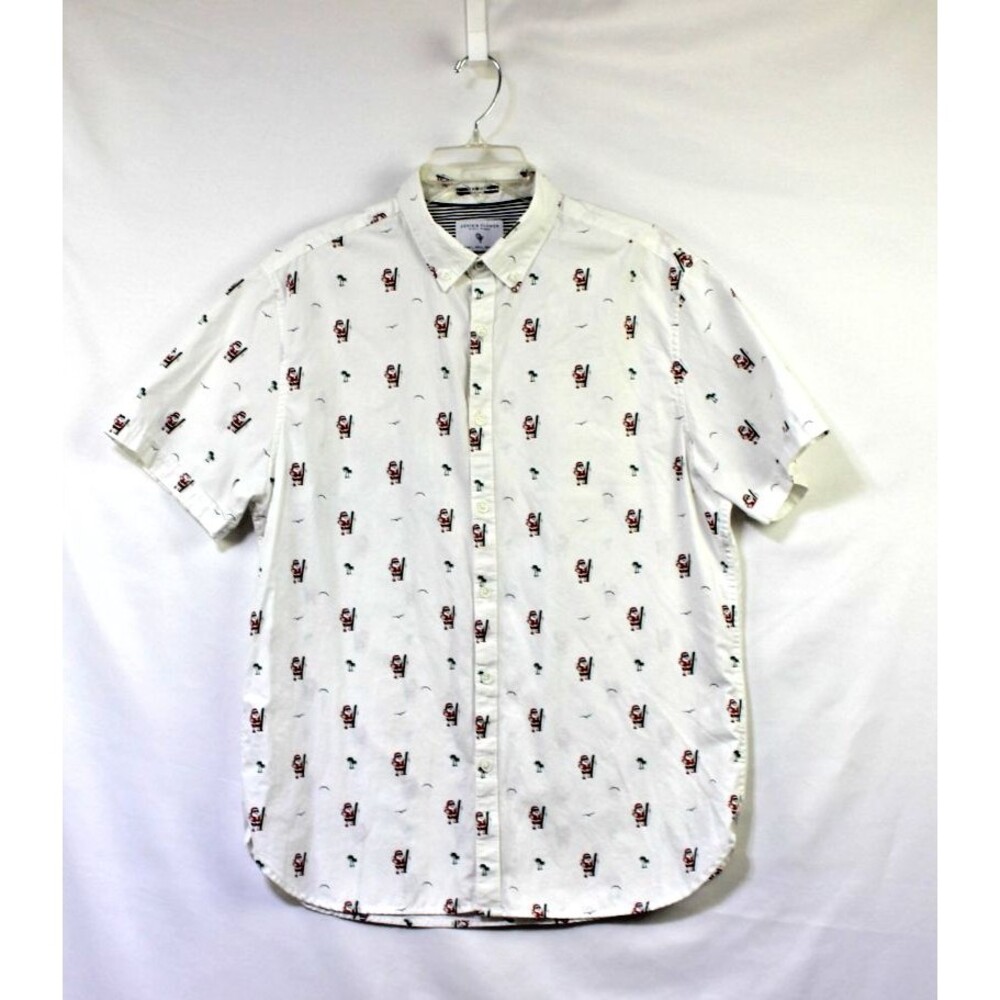 Denim & Flower Surfing Santa White Short Sleeve Button Up Shirt Men’s Size Large